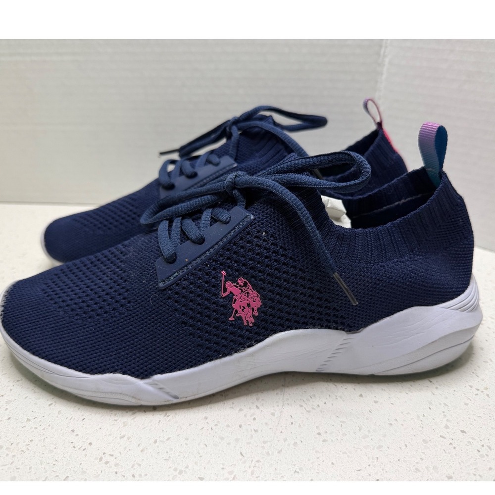 US Polo Assn Womens Navy Blue Knit Lace Up Sneakers Pink Logo Size 8.5M